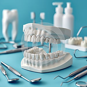 Model tooth surrounded by various dental tools on a blue surface