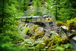 model train moving through tiny forest scenery