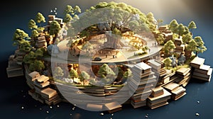 A model of a tree house surrounded by boxes and trees. Generative AI image.