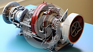 Model of turbine engine with longitudinal section for studying arrangement of blades and combustion chambers