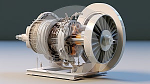 Model of turbine engine with longitudinal section for studying arrangement of blades and combustion chambers