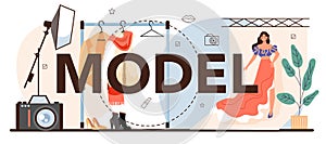 Model typographic header. Man and woman represent new clothes at a fashion