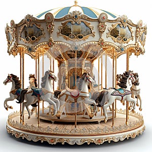 Model of a vintage carousel with ornate wooden horses, AI generated