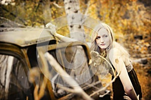 Model on vintage truck