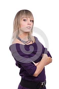 Model in violet dress is standing