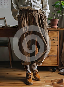 Model wearing Corduroy pants brown loose fit dark brown color paired indoor