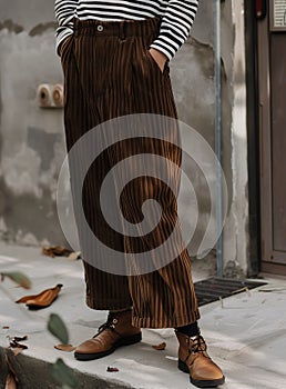 Model wearing Corduroy pants brown loose fit dark brown color paired indoor