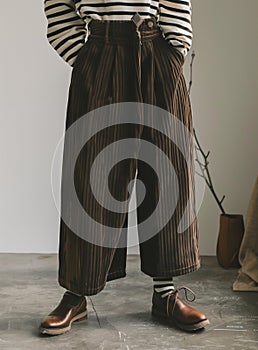 Model wearing Corduroy pants brown loose fit dark brown color paired indoor