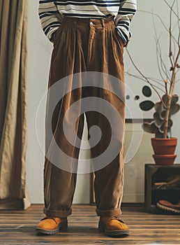 Model wearing Corduroy pants brown loose fit dark brown color paired indoor