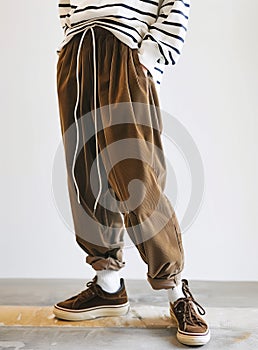 Model wearing Corduroy pants brown loose fit dark brown color paired indoor