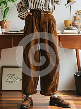 Model wearing Corduroy pants brown loose fit dark brown color paired indoor