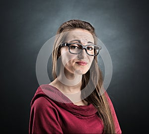 Model wearing red clothes with emotions