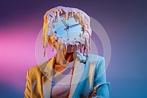 Portrait of person with dripping clock mask exploring time distortion in surreal theme