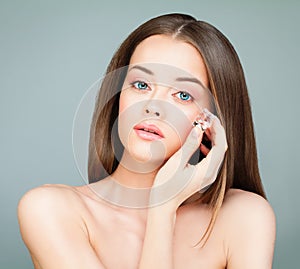 Model Woman with Healthy Skin holding Ice Cubes. Young Perfe