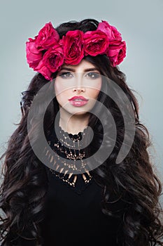 Model Woman with Long Healthy Hair Wearing Summer Wreath