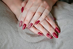 Model woman showing red shellac manicure on long nails