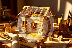 Model of a wooden brick house in the process of construction on a work table