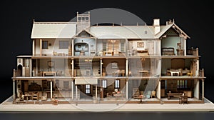 The model of the wooden house on a black background