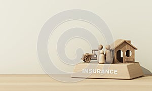 Model of a wooden house and a car with a on wood podium in the concept of real estate insurance