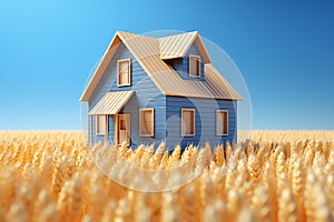 Model of a wooden house in a field with wheat, ecology concept