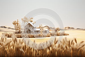 Model of a wooden house in a field with wheat, ecology concept