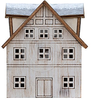 Model Wooden House with white paint,Isolated Small wood toy home, Miniture Cottage, Element for Environmentally eco friendly real