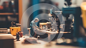Model Worker in Workshop with Machinery and Tools in Focused Setting