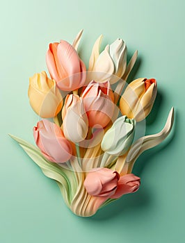 Modeling clay decorative tulips on soft green backdrop. Floristi