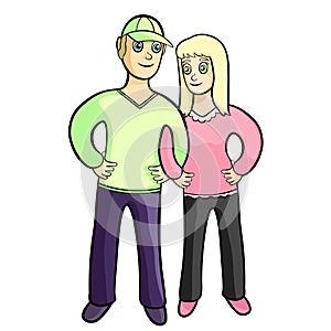 Models of a pair of girls and men arm in arm. vector illustration