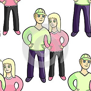 Models of a pair of girls and men arm in arm. vector illustration