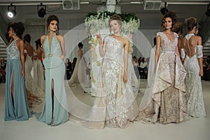 Models pose on the runway for Julie Vino Havana 2018 Bridal Collection runway show