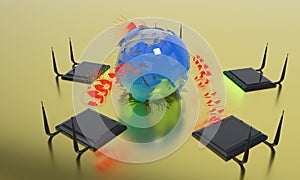 Modem connection concept in the world, 3d rendering