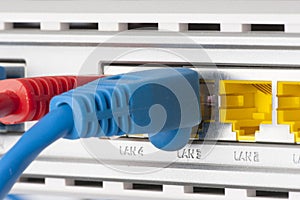 Modem router network hub with cable connecting.