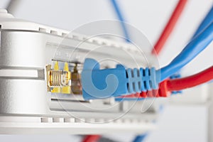 Modem router network hub with cable connecting.