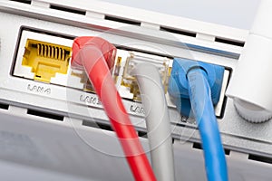 Modem router network hub with cable connecting.