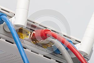 Modem router network hub with cable connecting.