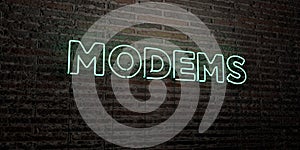 MODEMS -Realistic Neon Sign on Brick Wall background - 3D rendered royalty free stock image