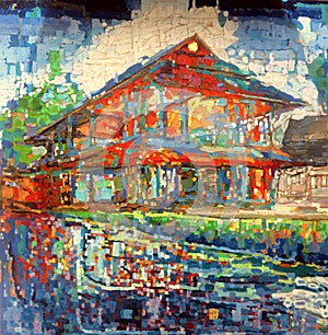 Moden Red house abstract oil closeup texture painting. photo