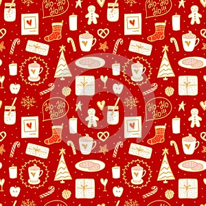 Moder design Merry Christmas seamless pattern. Concept Milk and cookies for Santa. Vector illustration handdrawn style background.