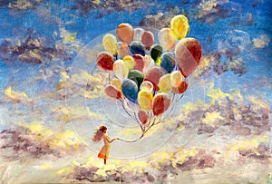 Oil painting young woman girl with multicolored balloons stands on cloud in sky.