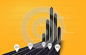 Modern 3D arrow roads map of business and journey infographic with five options for brochure, diagram, workflow, timeline. EPS 10