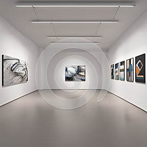 A modern 3d art gallery with white walls, track lighting, and avant-garde sculptures and paintings on display.