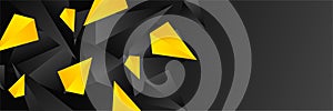 Modern 3D black and yellow abstract wide web banner background with geometric triangle shapes. Vector digital technology