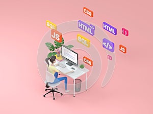 Modern 3d character web development isometric illustration. Learning programming languages. Concept for online courses