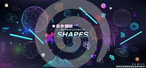 Modern 3D geometric shapes, trendy colors cyberpunk and Retrofuturism elements