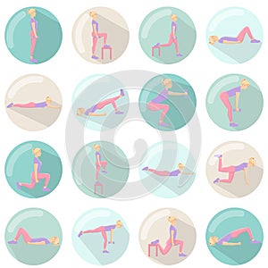 Modern 3d icons vector set with long shadow effect in stylish colors of glute exercises and workouts. Circle vector icons of glute