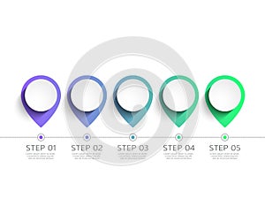 Modern 3D infographic template with 5 steps. Map with pin pointers. Business circle template with options for brochure, diagram, w