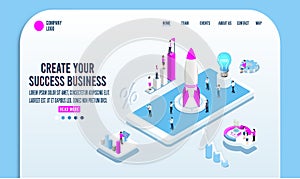 Modern 3D isometric Success Business concept with a group of people characters prepare a business project start up, vision, goal,