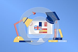 Modern 3D online languages learning class, language courses banner template for website and mobile app development. Literal transl