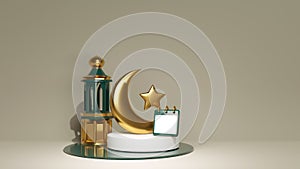 Modern 3d render scene with mosque, golden star and pad to place text or date. White podium with crescent for jewelry